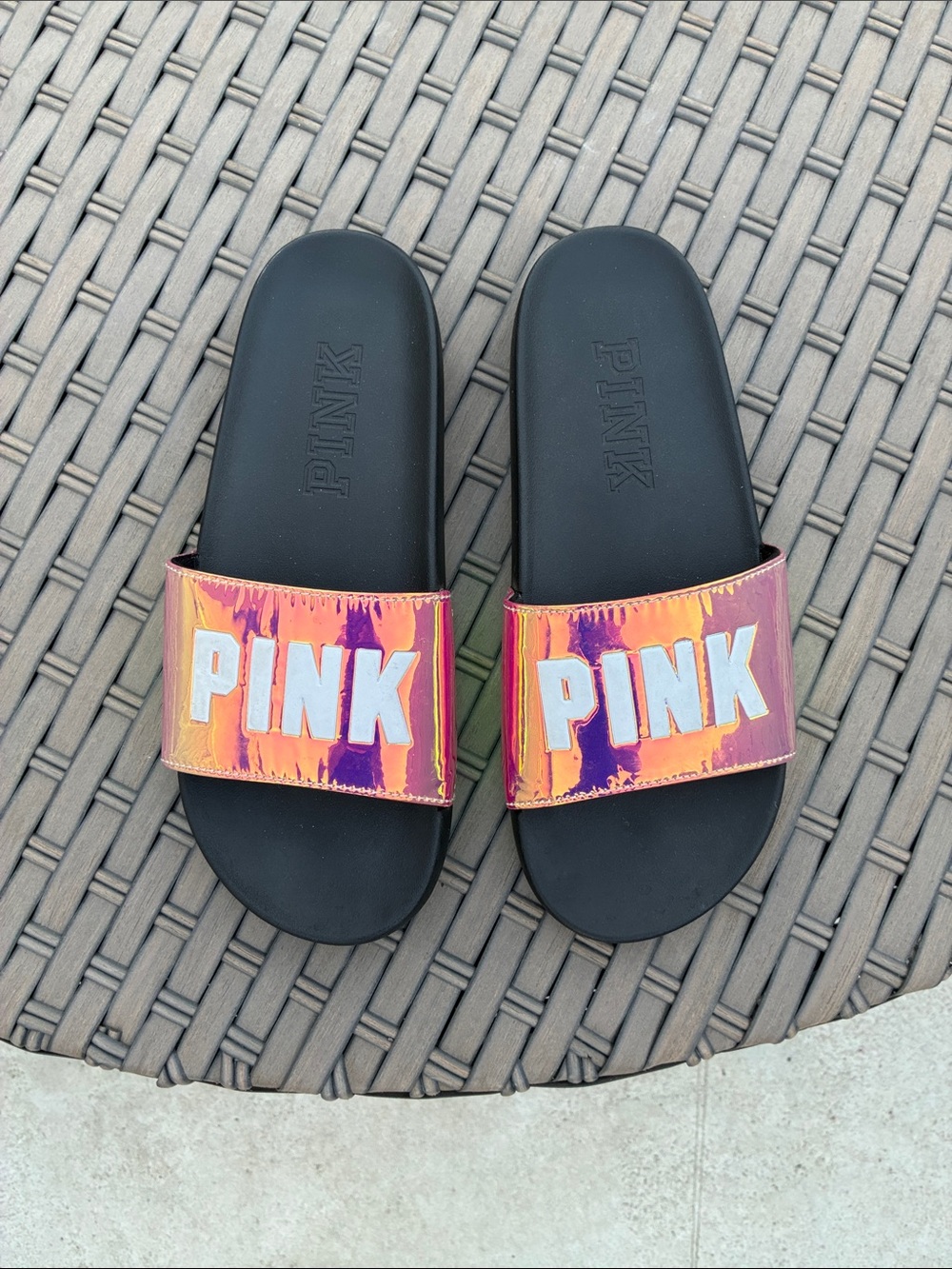 PINK Victoria's Secret Iridescent Pink and Orange Slide Sandals